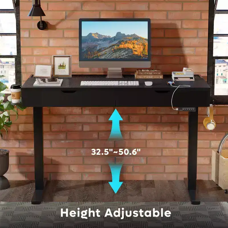 Bestier 47 x 24 Inch Electric Standing Desk with Double Drawers and LED Light for Home Office, Height Adjustable Desk, Computer Desk
