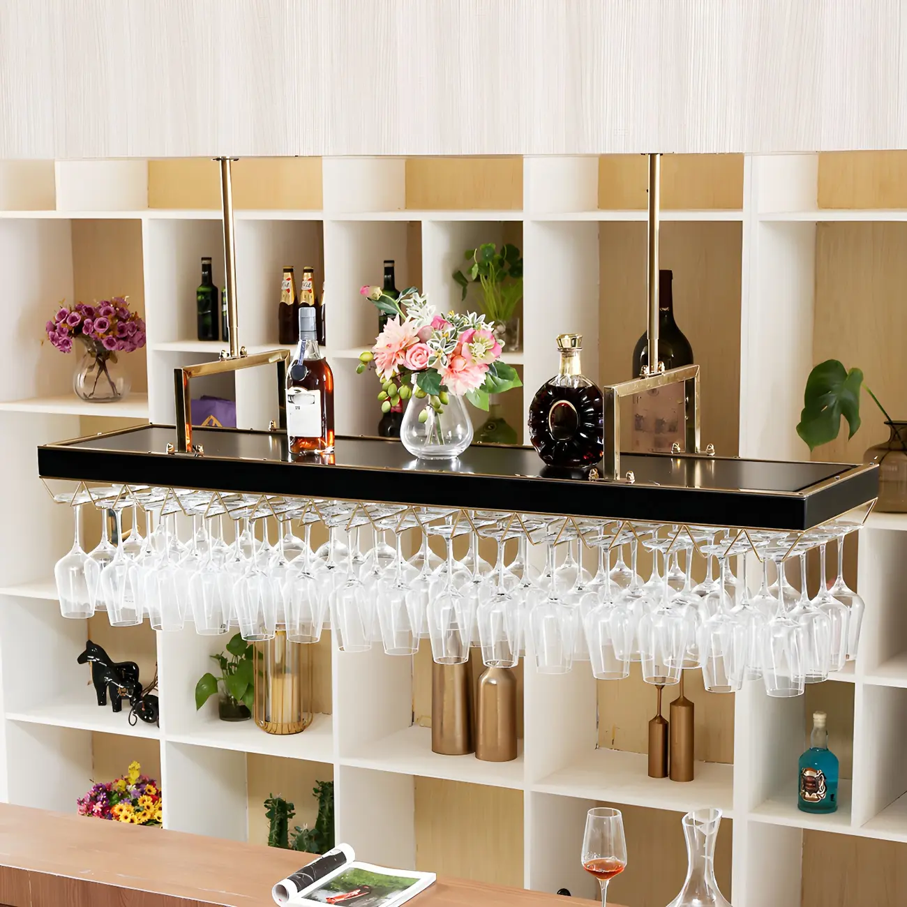 Elegant Black Hanging Wine Rack with Glass Holder