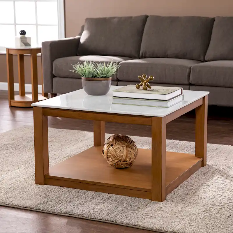 Coffee Table 30 Square Faux Marble Top 2-Tier Wood Shelf White Natural Transitional