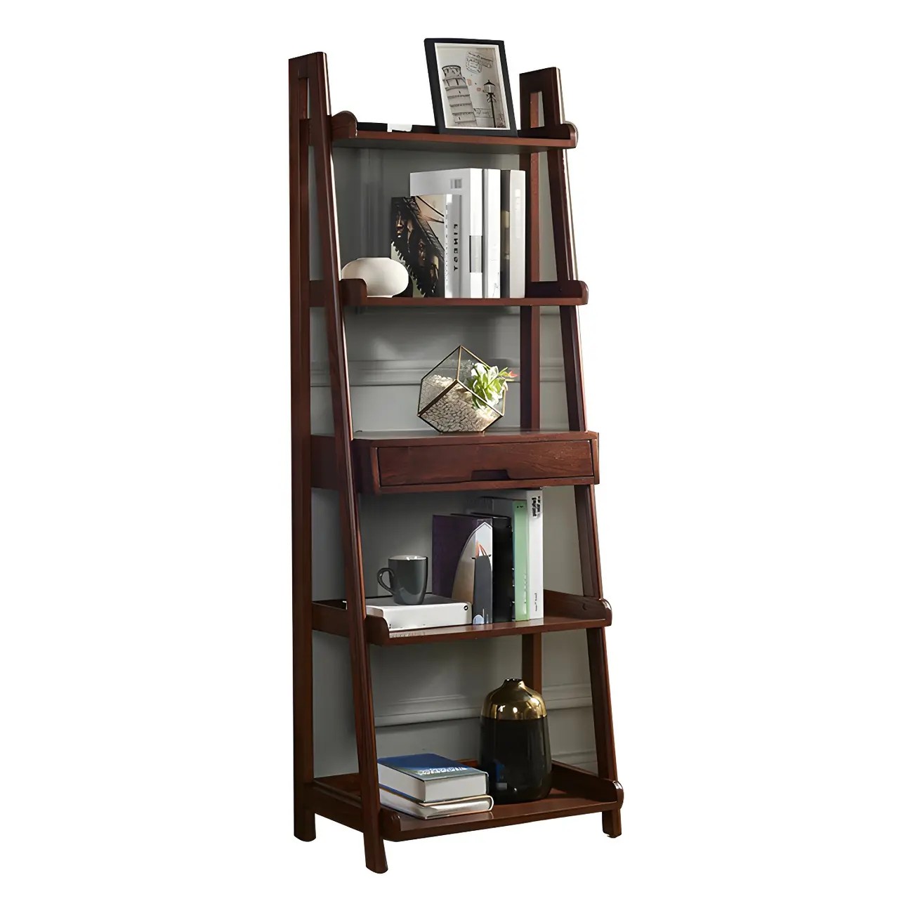 Scandinavian Wood Walnut 5-Tier Ladder Bookcase