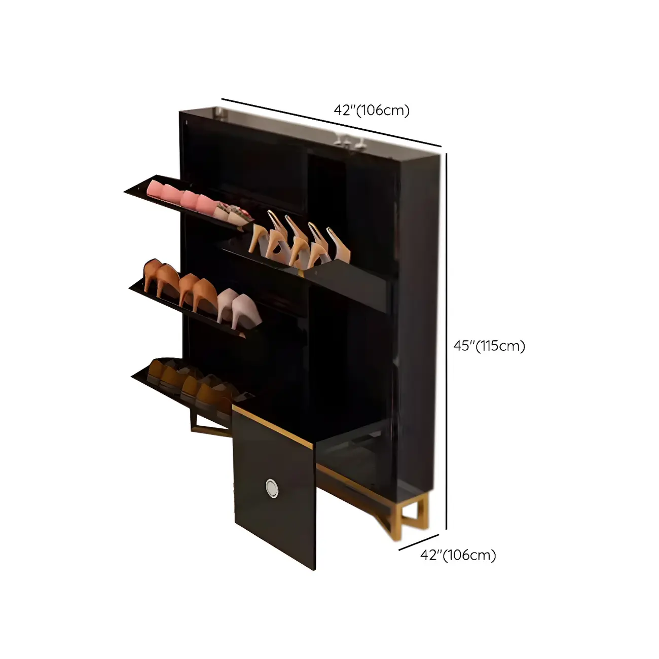 Gloss Black Wall Mounted Wooden Slim Drop Front Shoe Cabinet