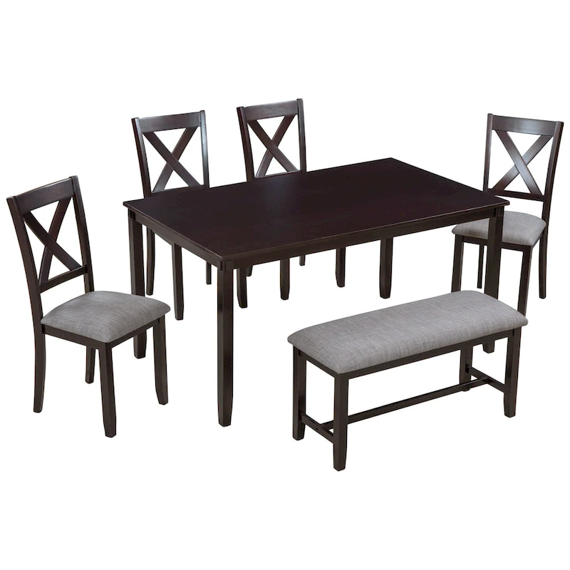 6-Piece Wooden Kitchen Dining Table Set with 4 Chairs and Bench