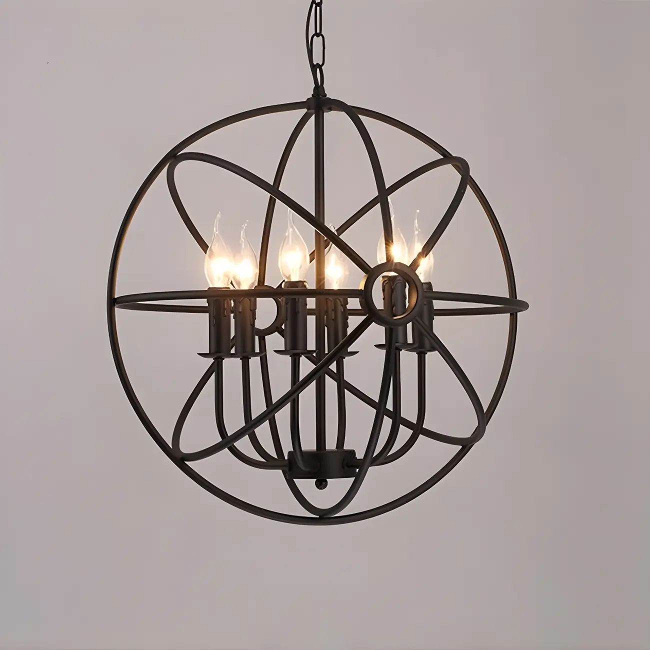 Industrial Black Metal Globe Caged Candelabra Chandelier