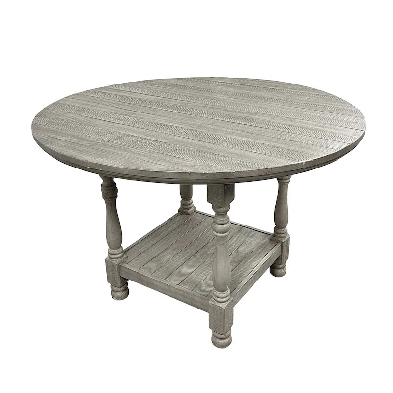 Round Wooden Counter Height Table with Shelf in Light Grey