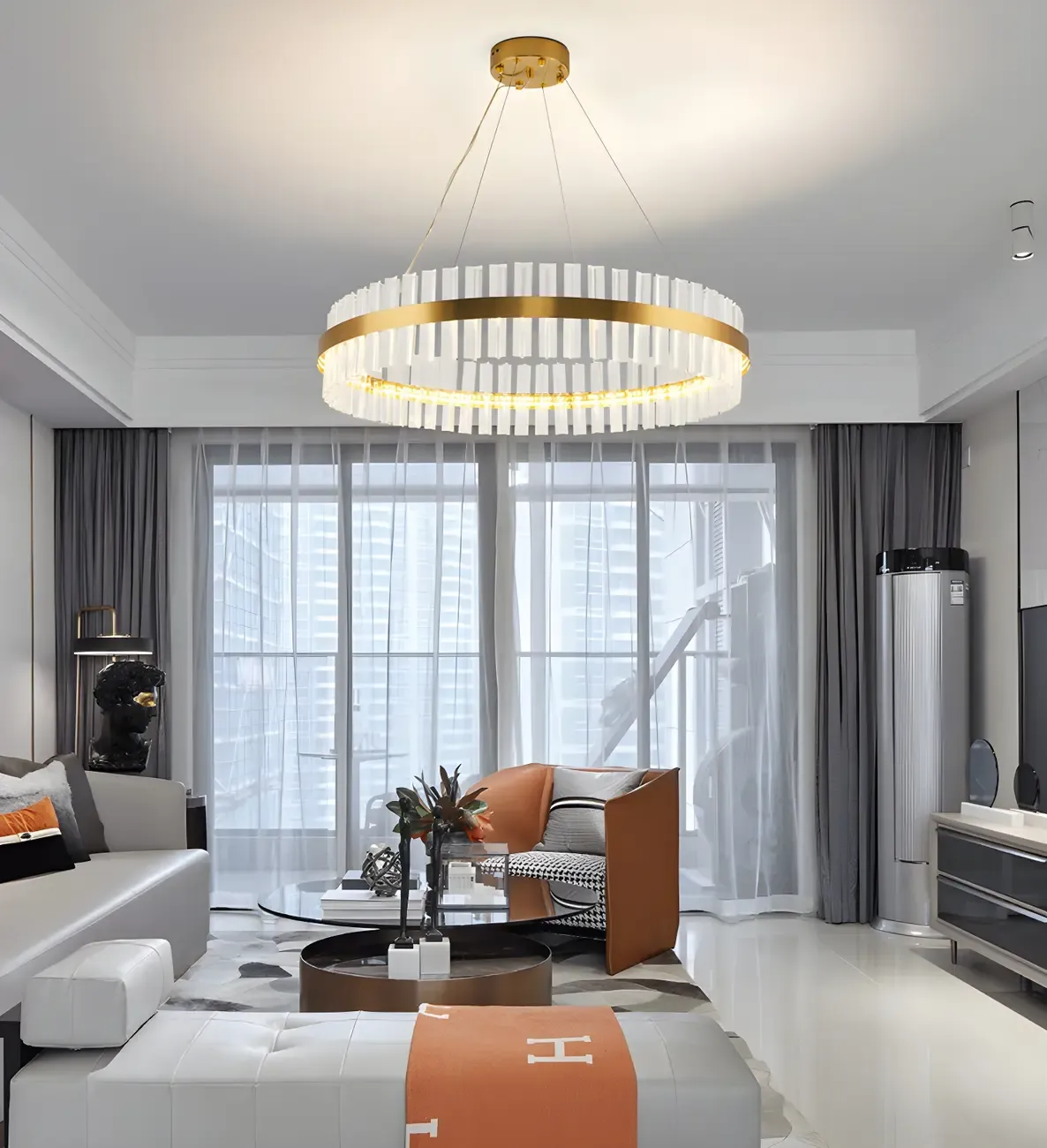 Modern Brass Round Crystal Island Chandelier