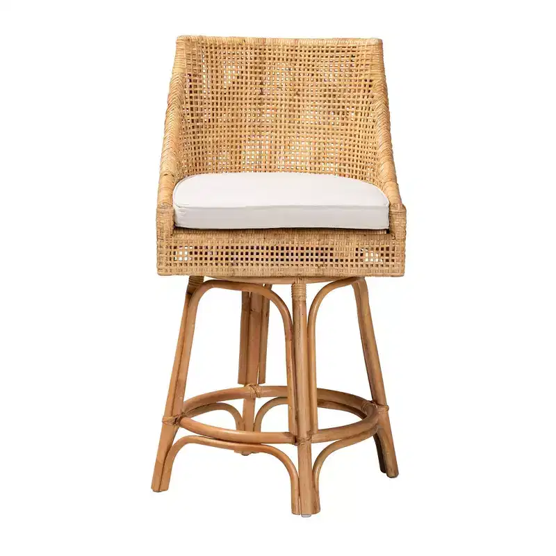 Baxton Studio Bella Rattan Counter Height Barstool Natural Brown/White : Upholstered Polyester, Mahogany Frame, No Assembly Required