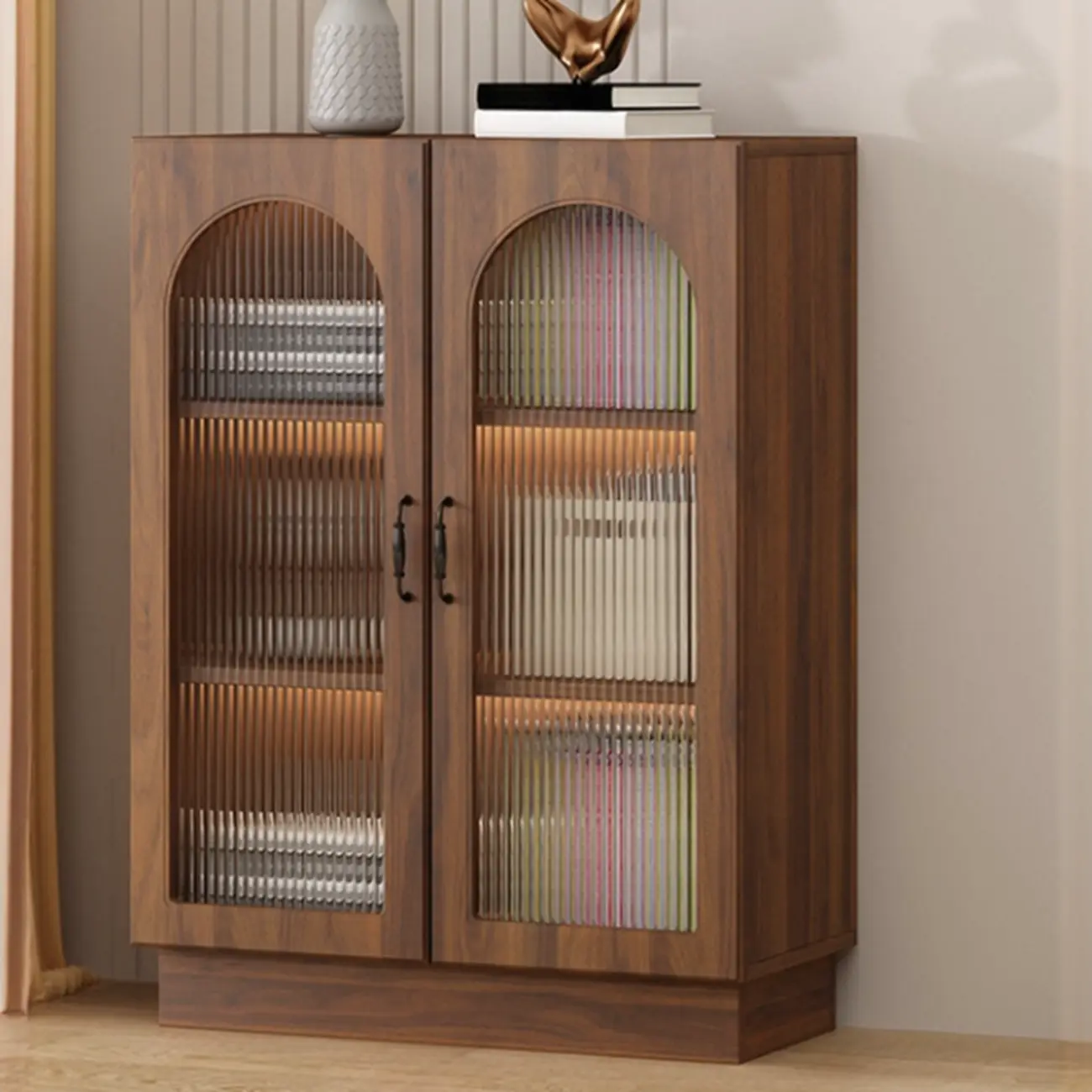 Multifunctional Glass Door Wooden White Bookcase with Drawer