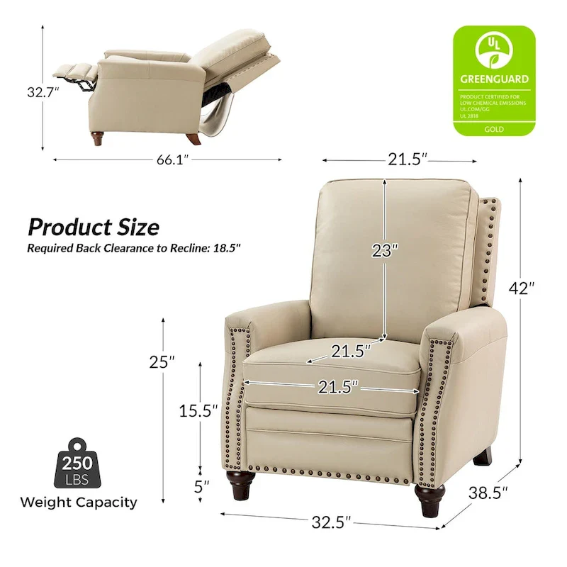 Cigar Mid-century Modern Genuine Leather Recliner with Nailhead Trim Set of 2 by HULALA HOME