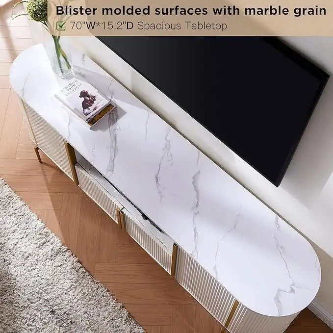 Modern Luxury TV Stand, Entertainment Cente, with Faux Marble Top