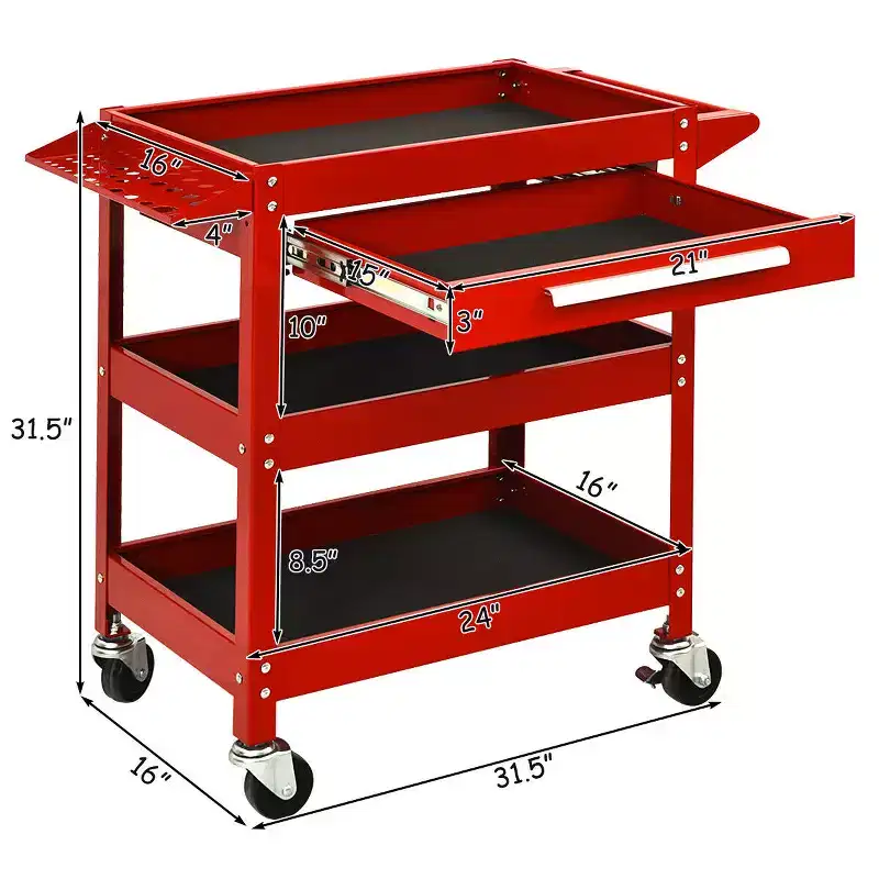Red 3-Tray Rolling Tool Cart with Drawer – Single User