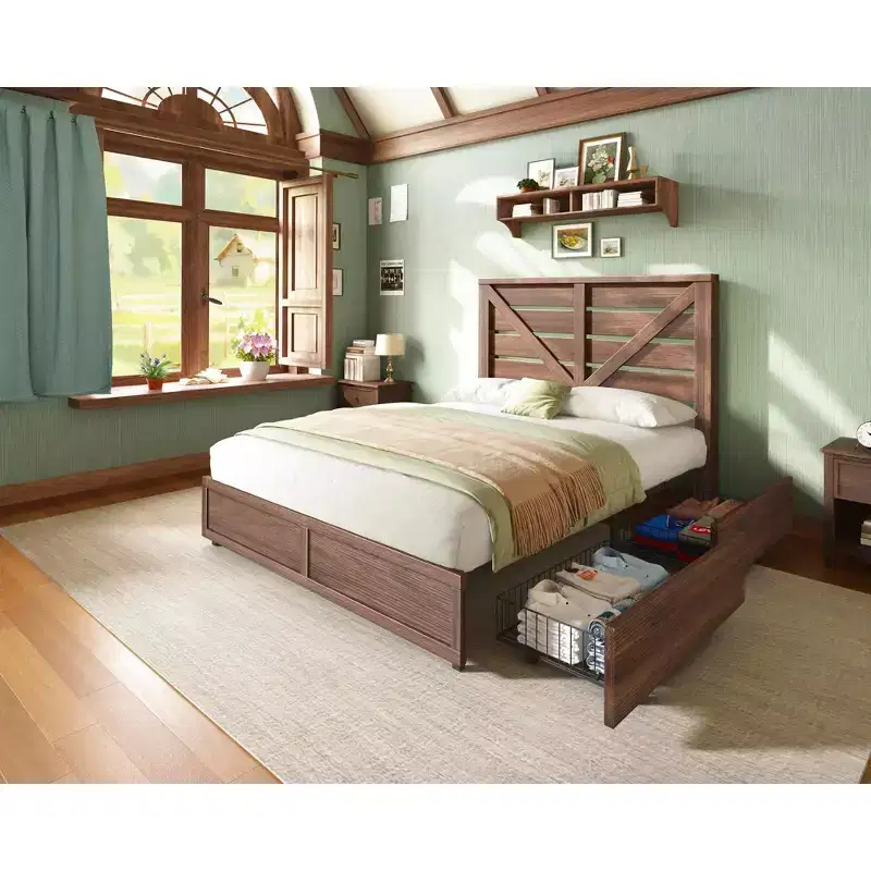 AMERLIFE Farmhouse Bed Frame with 4 Drawers and Headboard
