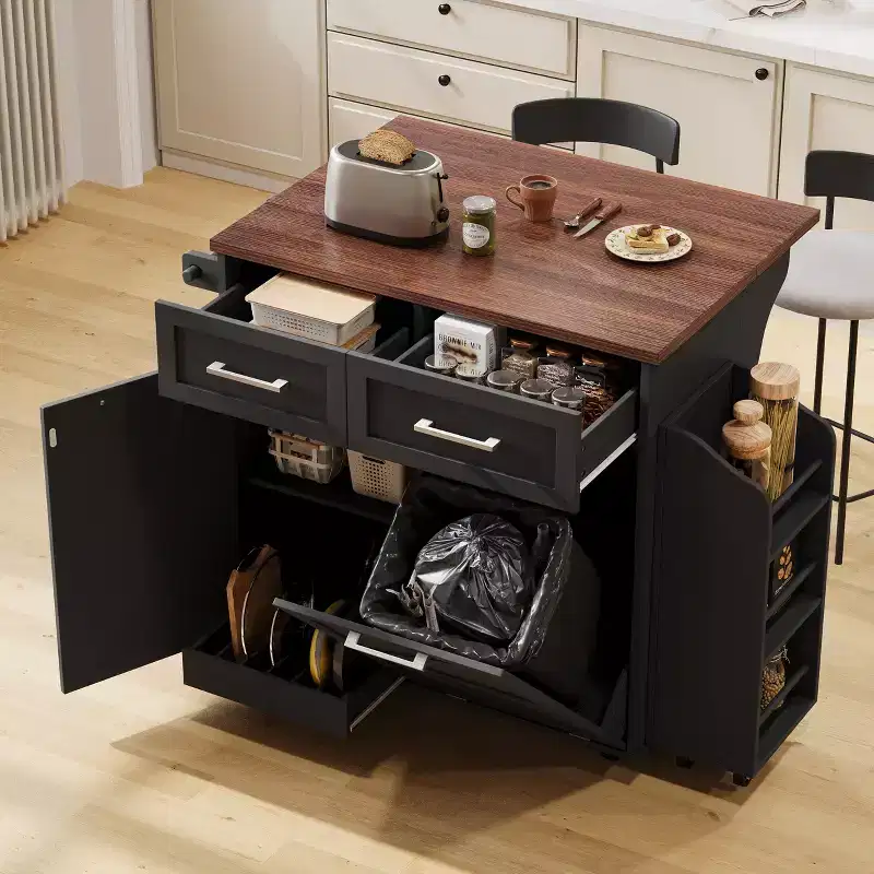 GDFStudio Alma 47.2 Kitchen Storage Island with Removable Side Racks, Drop Leaf, Wheels and Concealed Trash Cabinet
