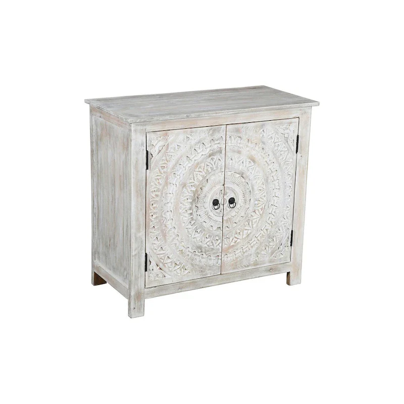 Whitewash Hand-Carved 2-Door Accent Cabinet — Solid Mango Wood, No Assembly Required