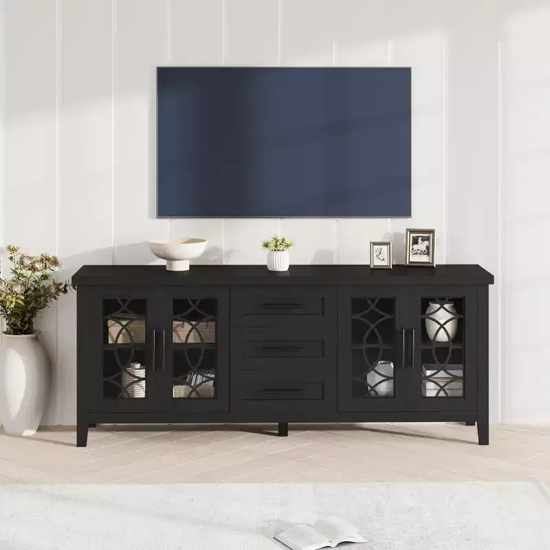 Rustic 70 Inch TV Stand,Farmhouse Entertainment Center with Glass Door,Storage Cabinets,Drawers,Modern Media Console Table for Living Room