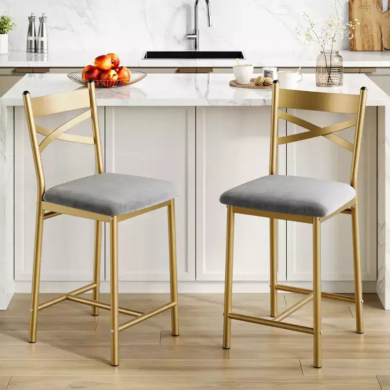 Bar Stools Set, Upholstered Kitchen Bar Stools with Backrest & Footrest, Counter Height Barstools with Thick Cushion for Kitchen Island Counter Bar