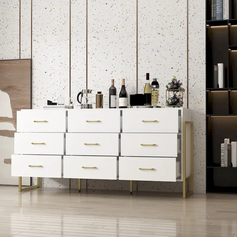 Elegant 9-Drawer Dresser with Gold Accents - Black Stripe Finish Chest