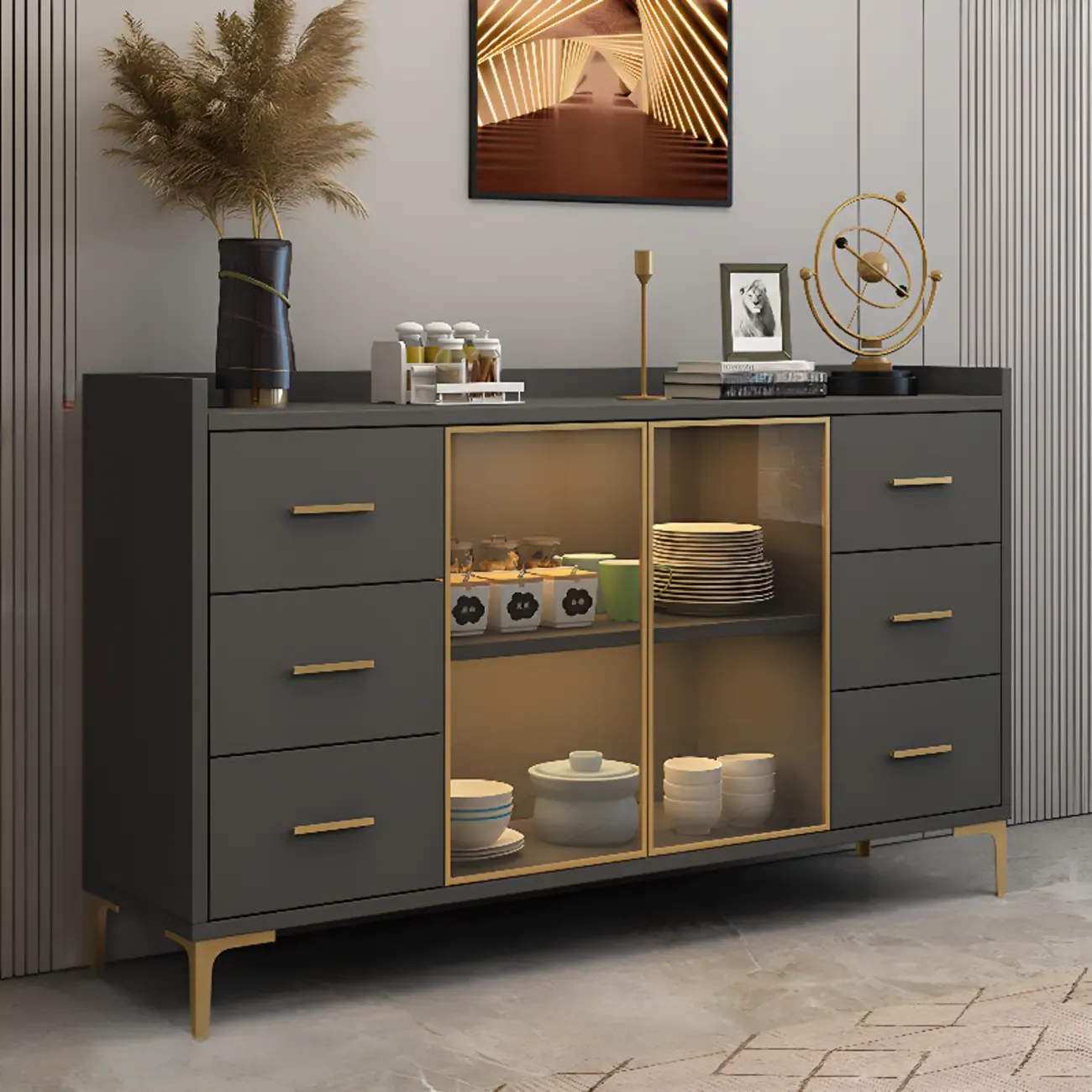 Trendy 6 Drawers White/Black Kitchen Cabinets with Metal Foot