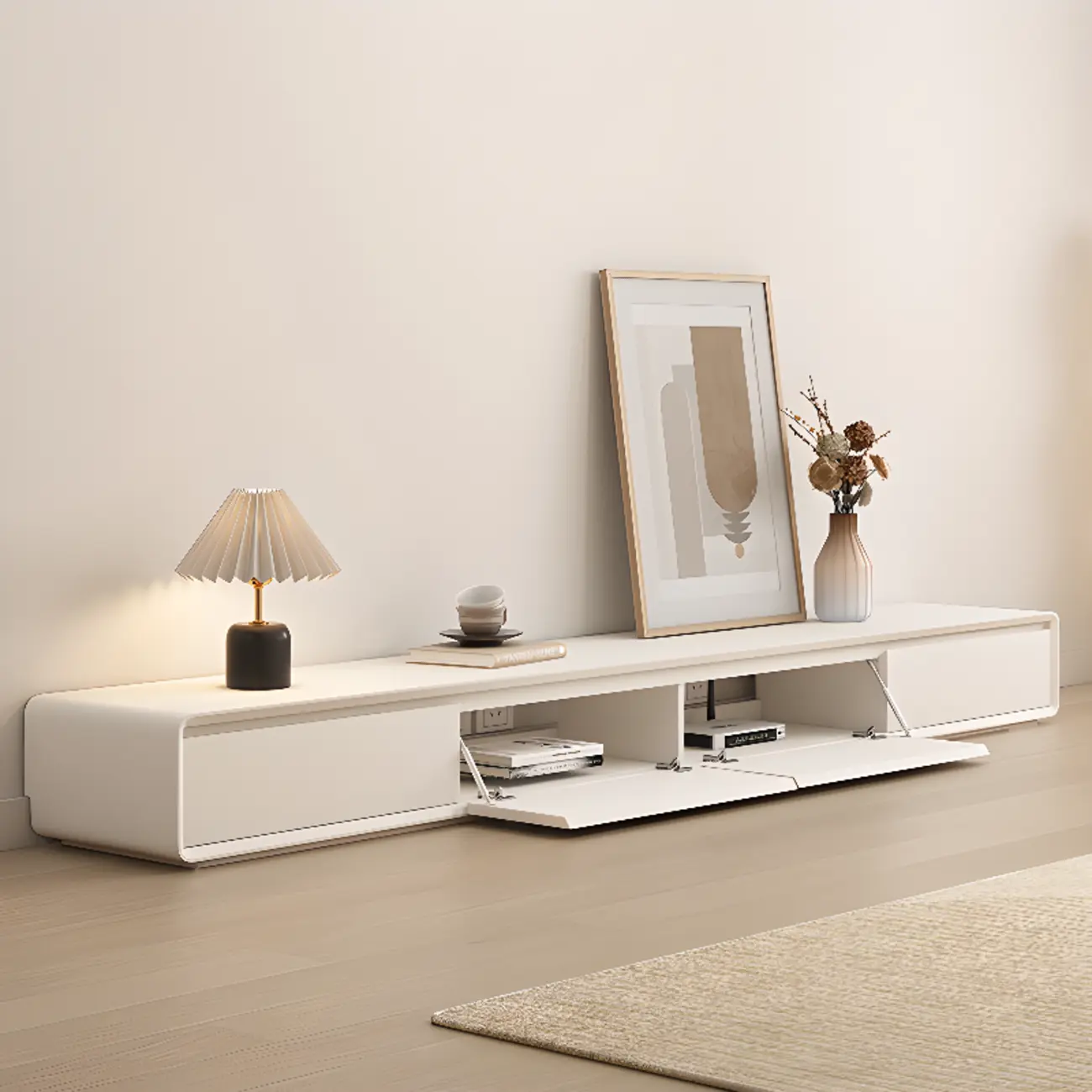 Ventilated 2 Drawers Wood Rectangular White TV Stand