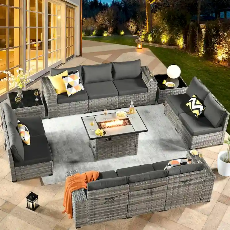 XIZZI 13-piece Patio Wicker Furniture Wide Armrest Set with Firepit