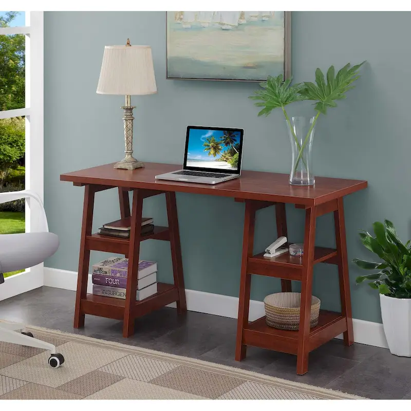 Convenience Concepts Designs2Go Double Trestle Desk with Shelves