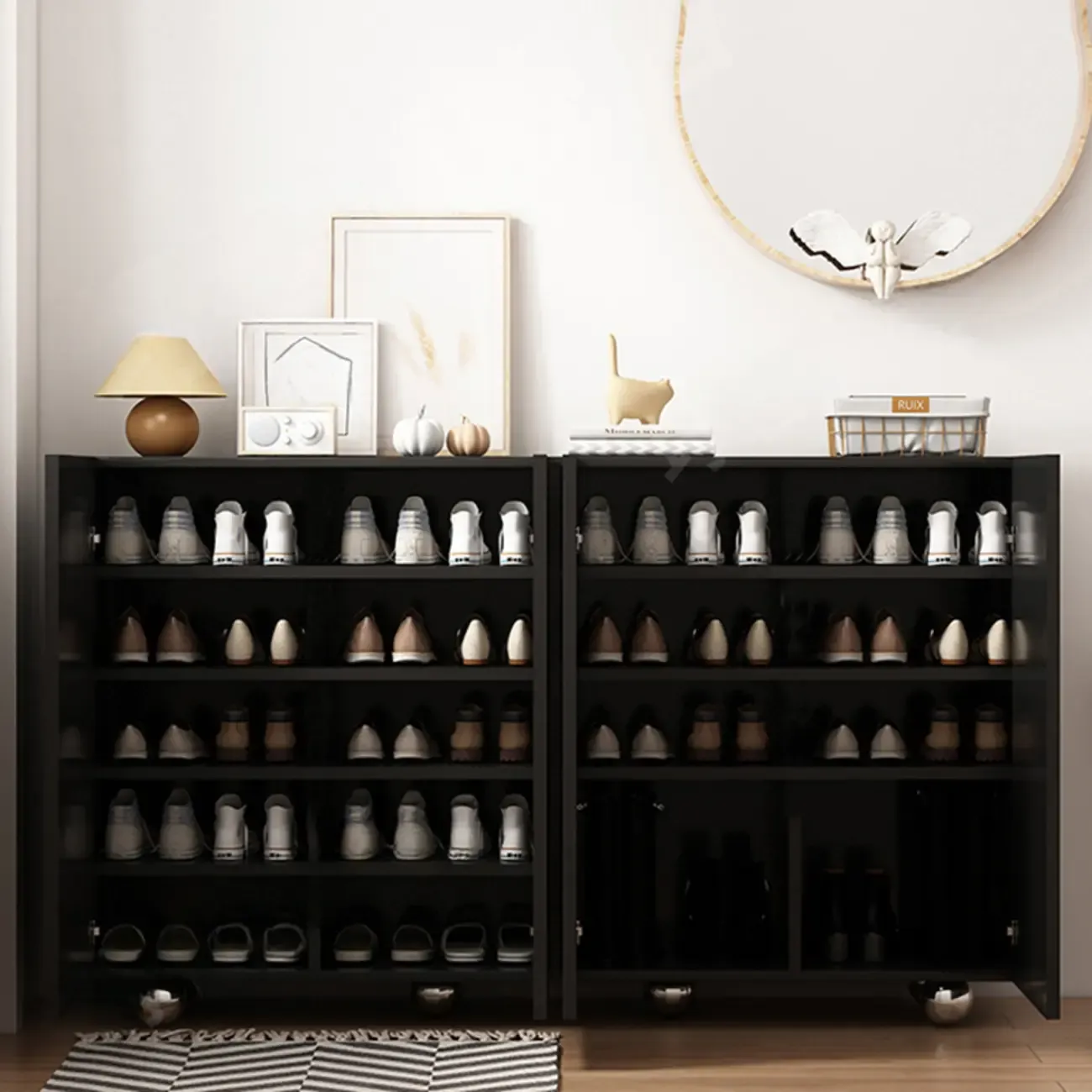 Hallway Black Engineered Wood Shoe Cabinet on Wheels