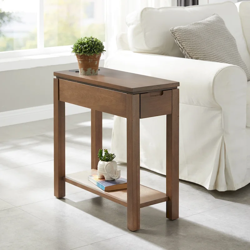 Brown/White/Black/Grey Wood Side Table with Drawer & USB-C Port, 1-User