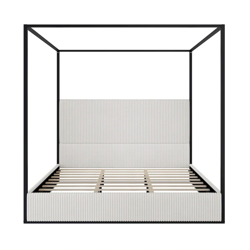 Modern Luxury Metal Canopy Bed with Tall Upholstered Headboard & Four Poster