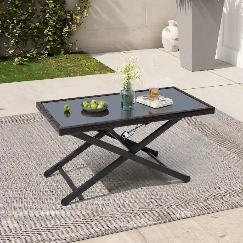 Outdoor Coffee Table Side Table Fits with Conversation Set, PE Rattan & Glass Tabletop, Adjustable Height