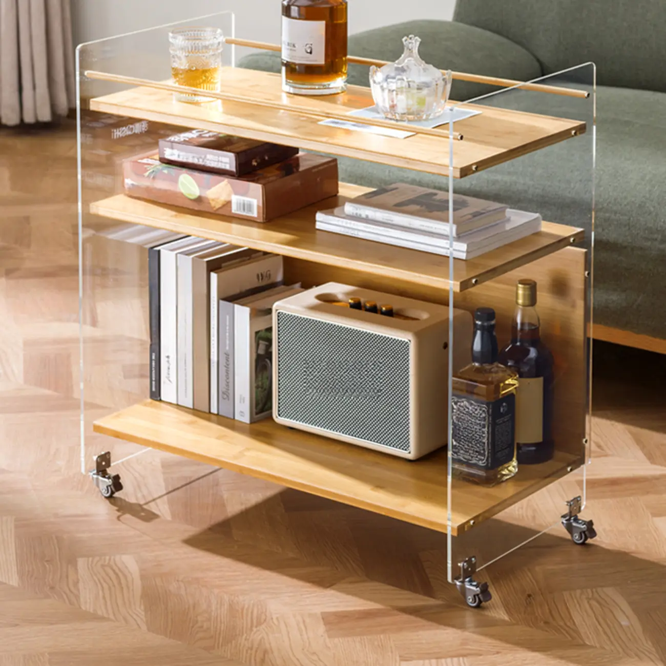 Trendy Moso Bamboo Acrylic 3-Shelf Side Table with Wheels