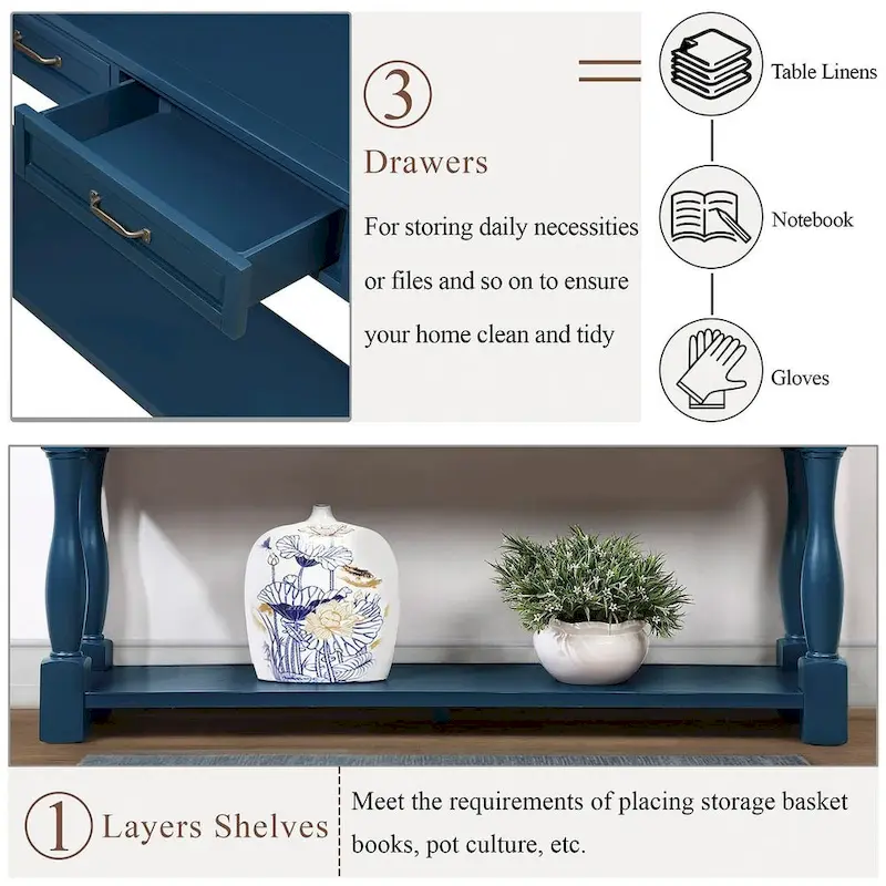 Solid Wood Console Table - Antique White/Blue/Navy/Espresso/Brown, Mid-Century Style, Multi-User