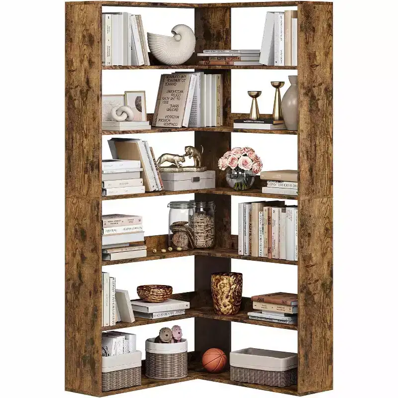 Acekool 6-Tier L-Shaped Corner Bookshelf with Baffles, Tall Industrial Bookcase, Large Storage Display Rack for Living Room, Office