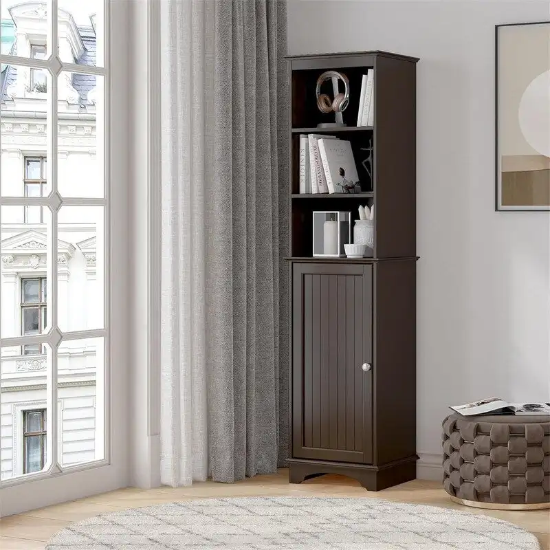White / Espresso Freestanding Linen Tower Cabinet — 3-Tier Open Shelves, Single
