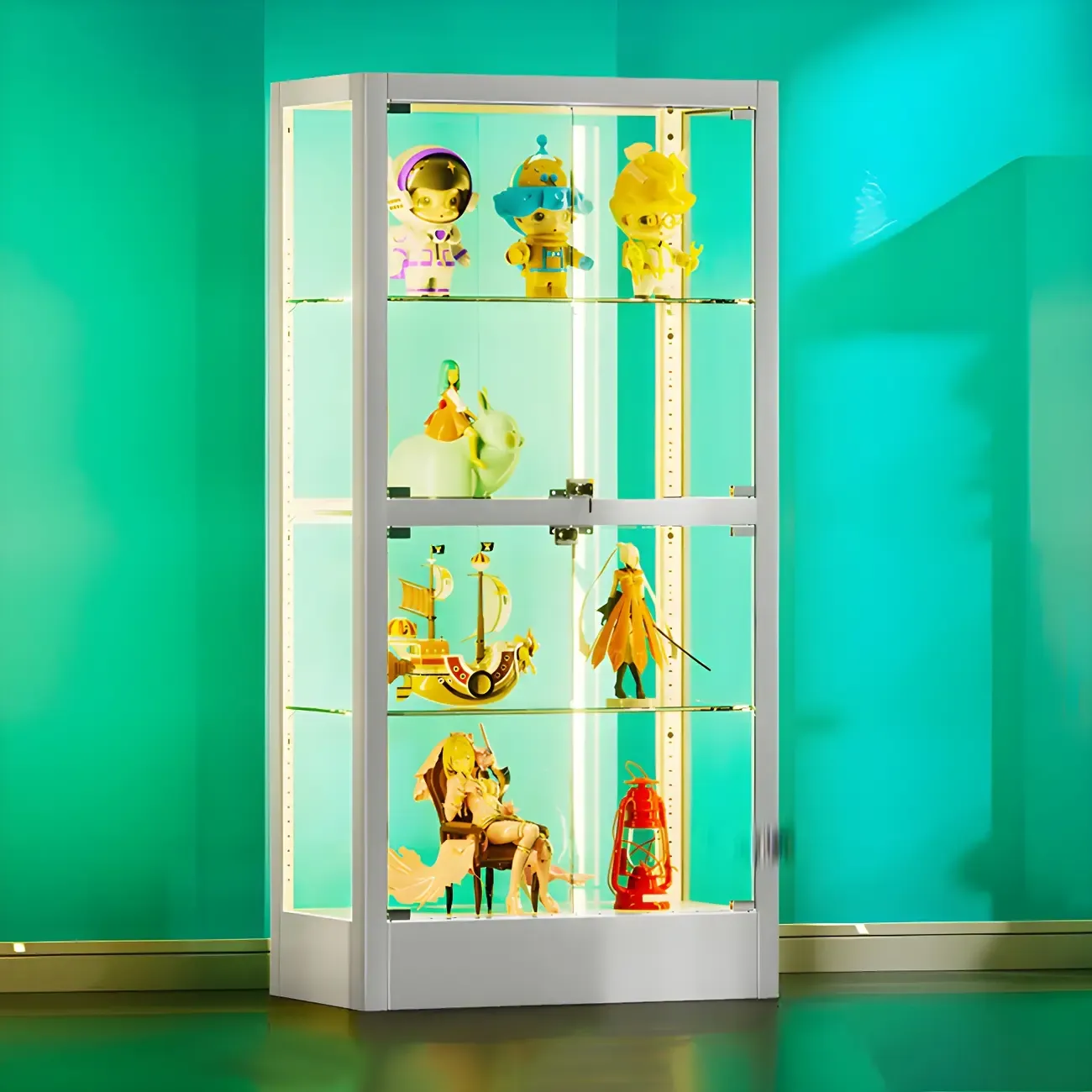 Adjustable Shelves White Glass Locking Curio Cabinet