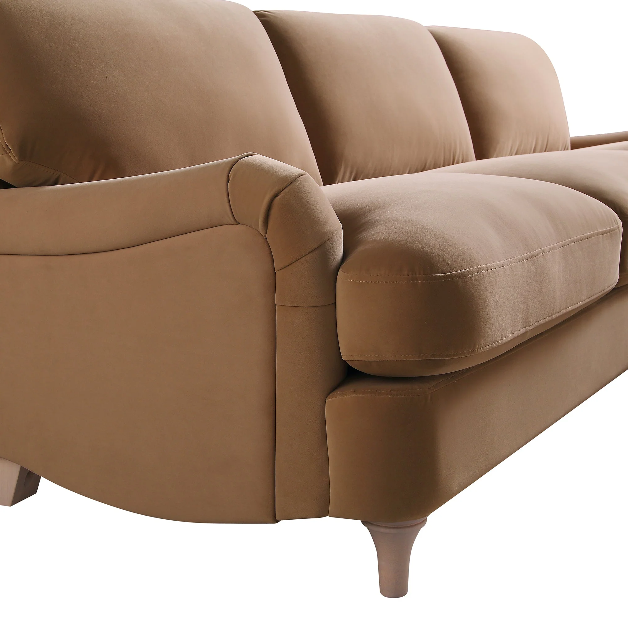Camel Velvet Sofa, Grande Chaise Sofa Right Hand Facing