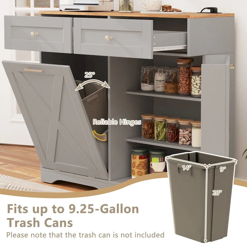 Gymax Tilt Out Trash Can Cabinet w/ Outlets 2 Drawers Adjustable Shelf