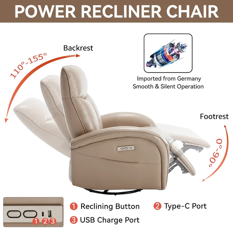 Blue Genuine Leather Power Recliner with Swivel & USB Charging