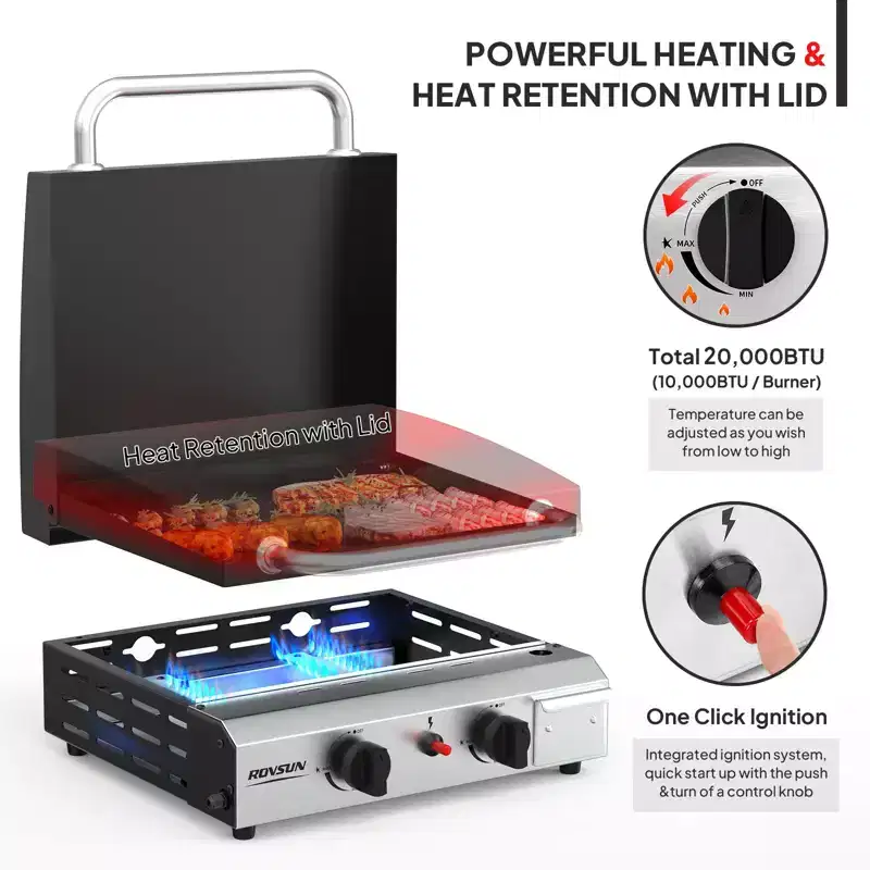 ROVSUN 2 Burner Propane Gas Griddle with Ignition, Lid & Regulator, 20000BTU Potatble Grill for Backyard Patio Outdoor Camping Grilling Cooking BBQ