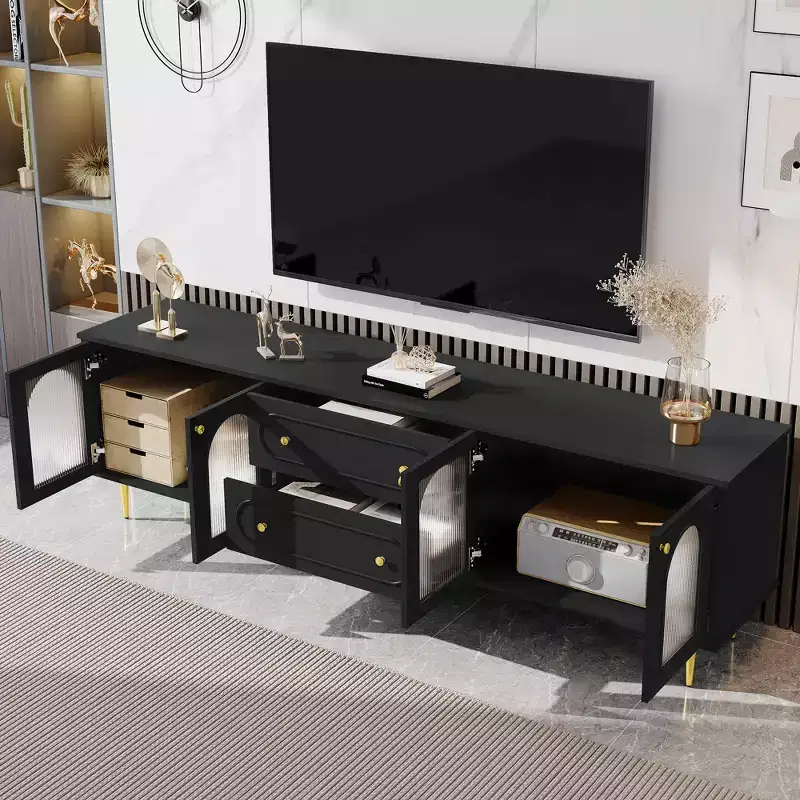 CLIHOME 78.7 Modern TV Stand, TV Cabinet 2 Drawers and 2 Cabinets with Fluted Glass Doors
