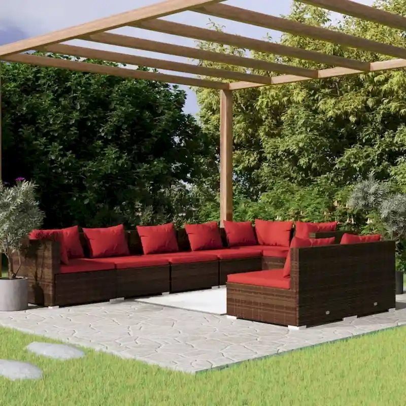vidaXL Patio Lounge Set with Cushions Brown Poly Rattan - 27.6  x 27.6  x 24  - 27.6  x 27.6  x 24