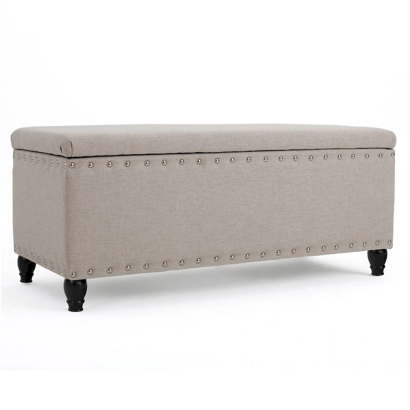 Sharon Storage Ottoman Bench, Beige Fabric, Nailhead Trim, 42 Inch