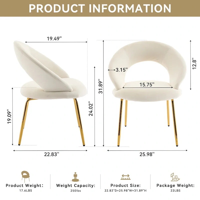 Velvet Dining Chair with Curved Backrest - Gold Legs - Single Seat
