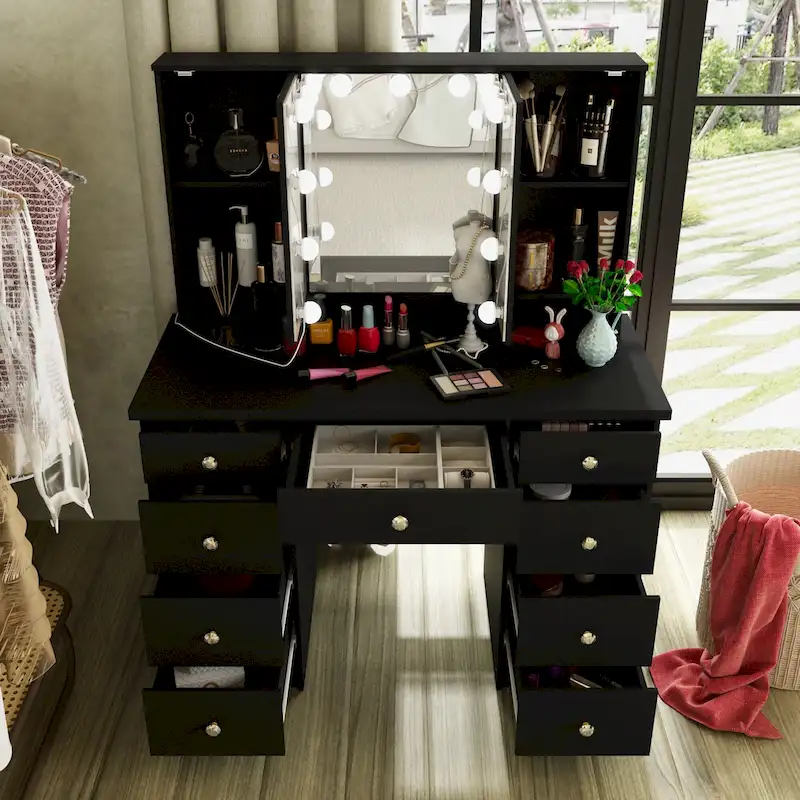 Luxurious LED Makeup Vanity with 9 Drawers Elegant Makeup Station
