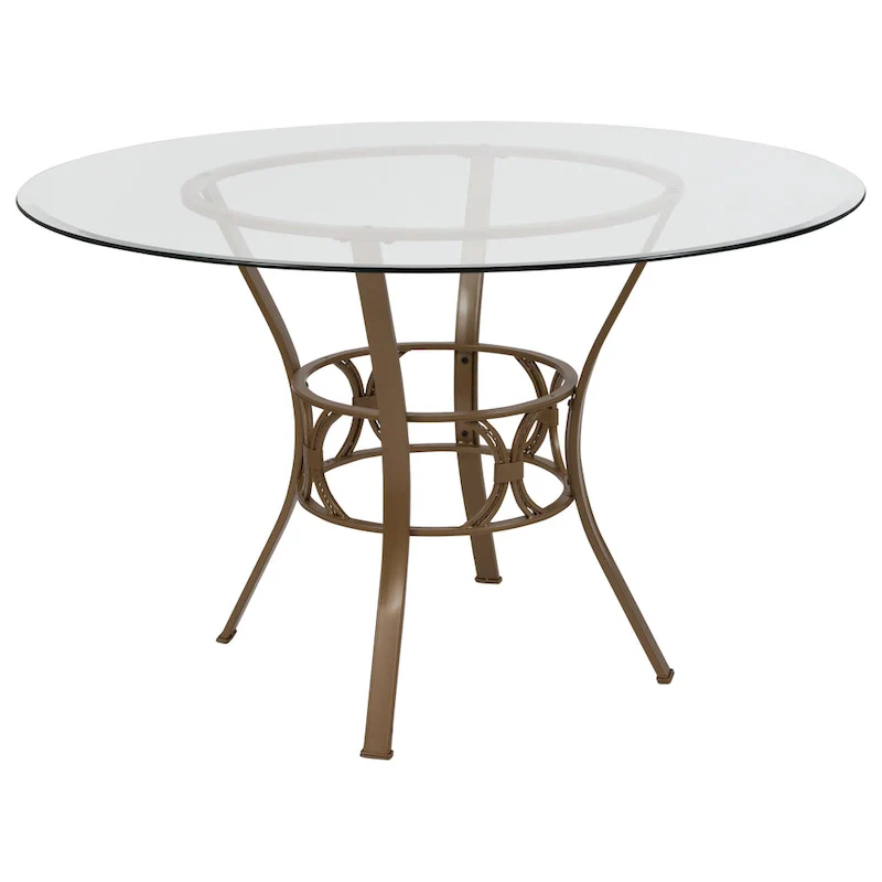 48 Round Glass Dining Table with Crescent Style Metal Frame - 48W x 48D x 29.5H - 48W x 48D x 29.5H