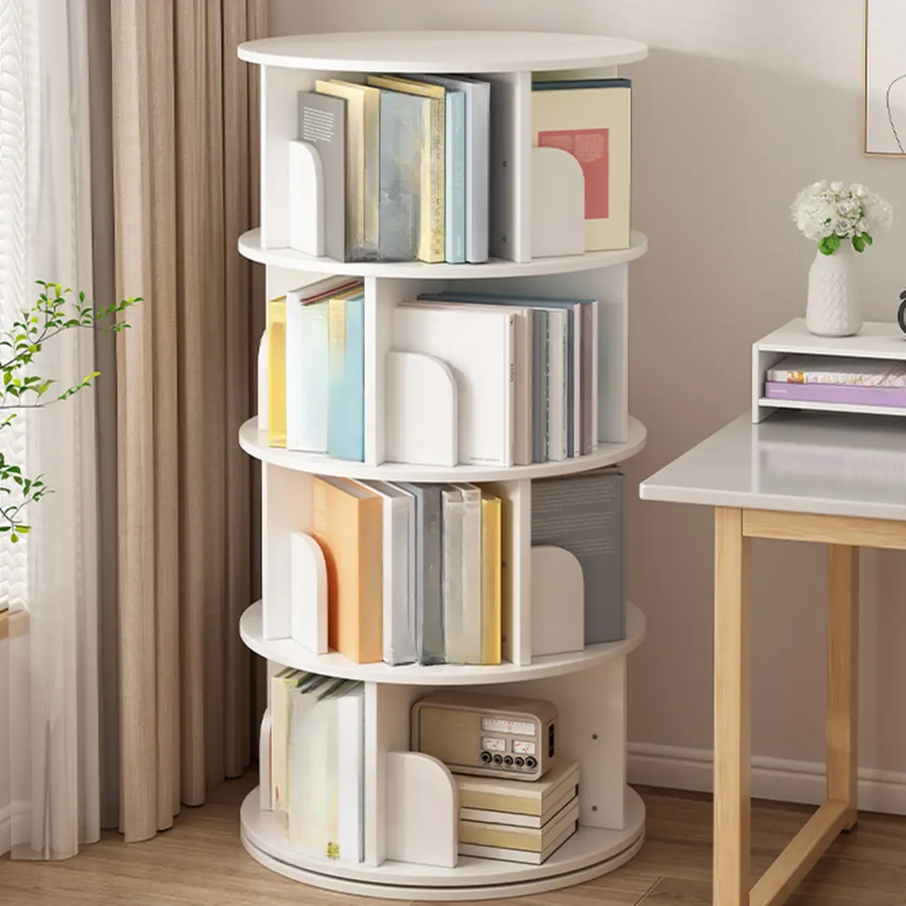 Brown Cylindrical Wooden Rotating Open-Back Bookcase