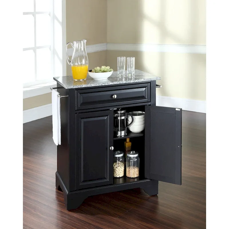 Solid Granite Top Portable Kitchen Island in Black Finish - 31W x 18D