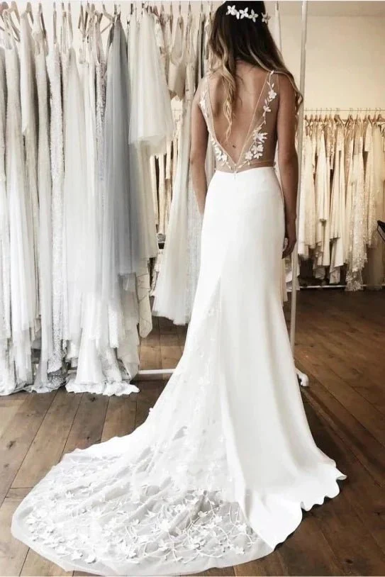 Simple Sleeveless Plunging Satin Wedding Dress With Illusion Deep V-back And Lace
