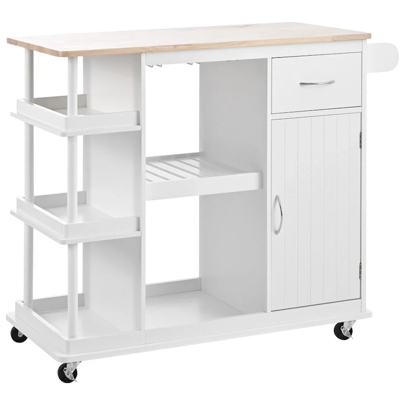 Rubber Wood Kitchen Cart with Adjustable Shelves and Wine Rack