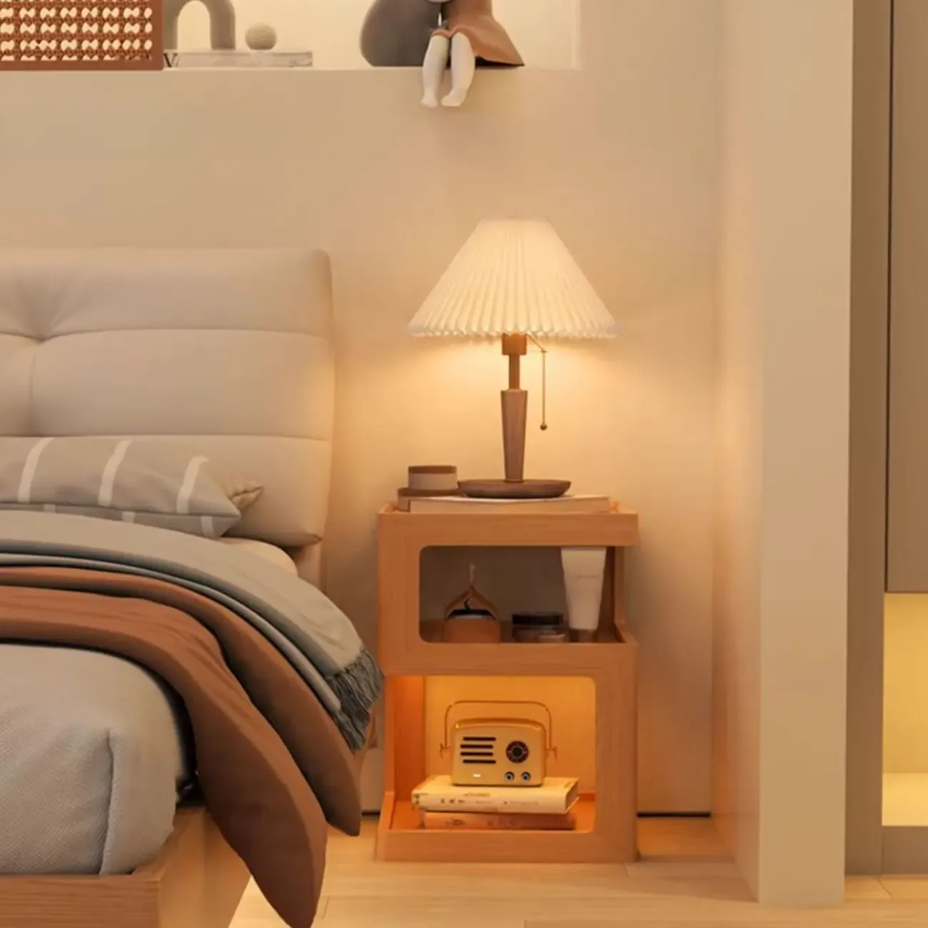 Elegant Narrow 3-Tier Natural Wood Nightstand with Glass Top