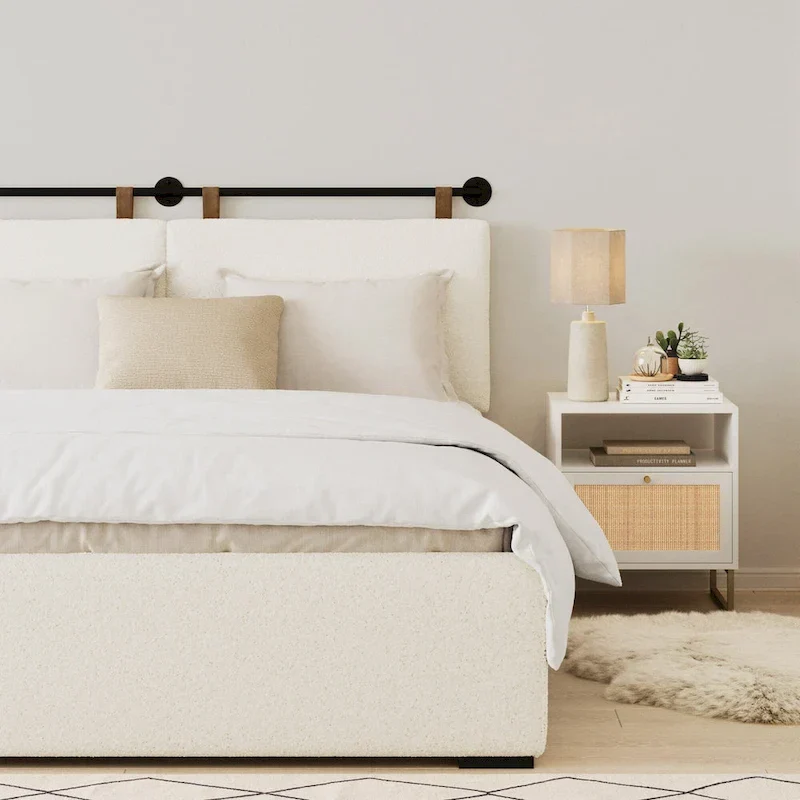 Boucle Fabric Wall-Mounted Upholstered Headboard with Adjustable Metal Rail – Twin, Queen or King