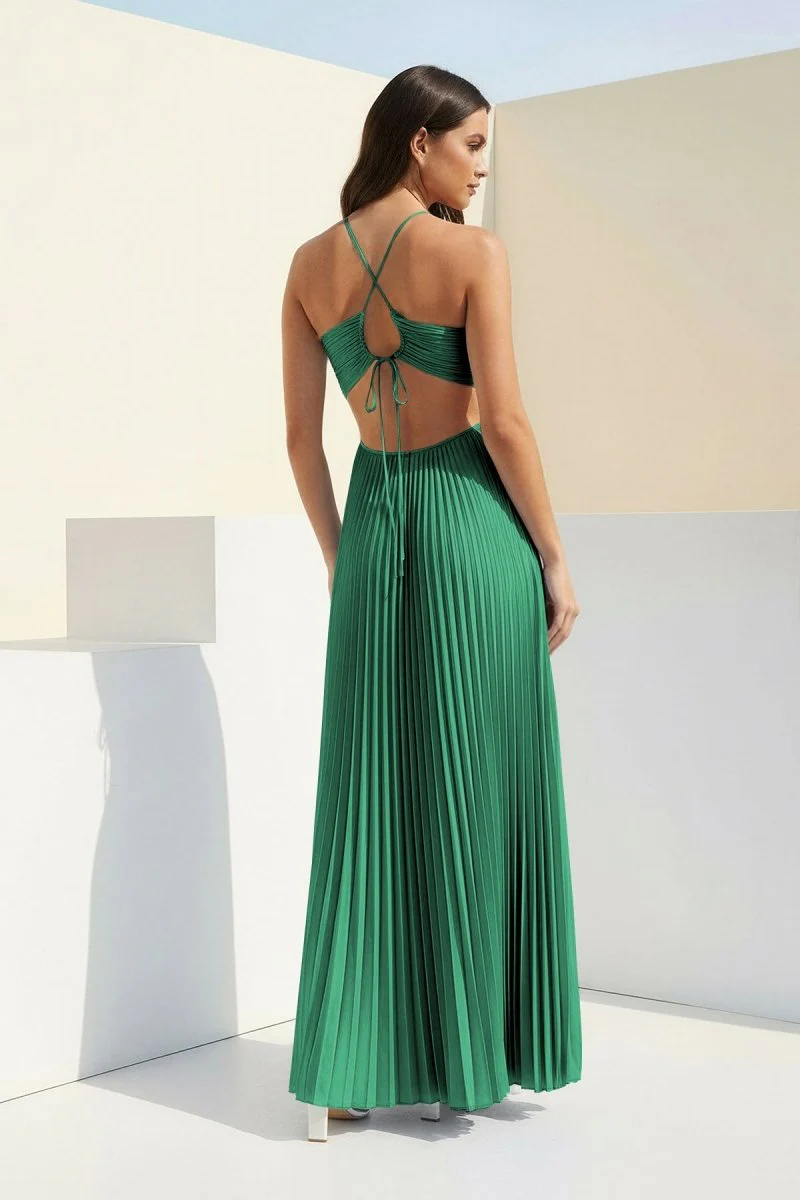 Sky Blue Halter Pleated Satin A Line Prom Dresses With Cutout